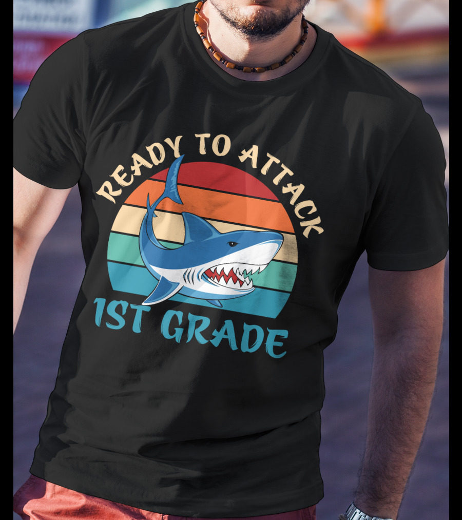Ready To Attack 1st Grade Shark Retro Stripes T-Shirt