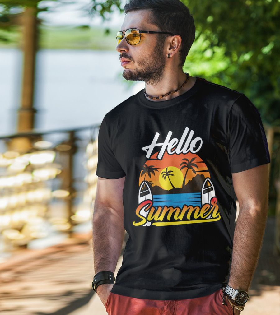 Hello Summer Sunset Surfing Beach Scene T-Shirt