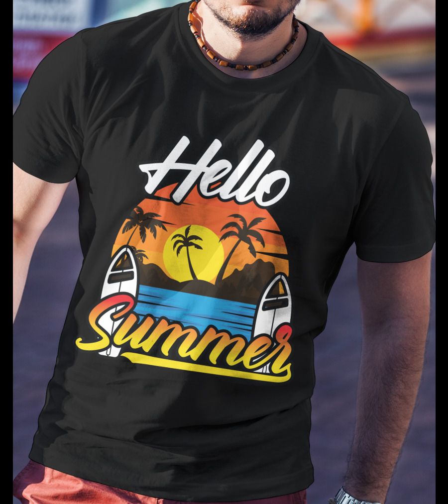 Hello Summer Sunset Surfing Beach Scene T-Shirt