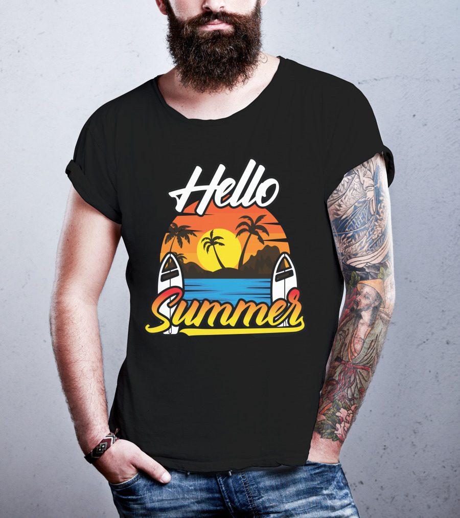 Hello Summer Sunset Surfing Beach Scene T-Shirt