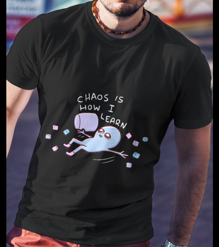 Chaos Is How I Learn Playful Blue Character Relaxing With Marshmallows T-Shirt
