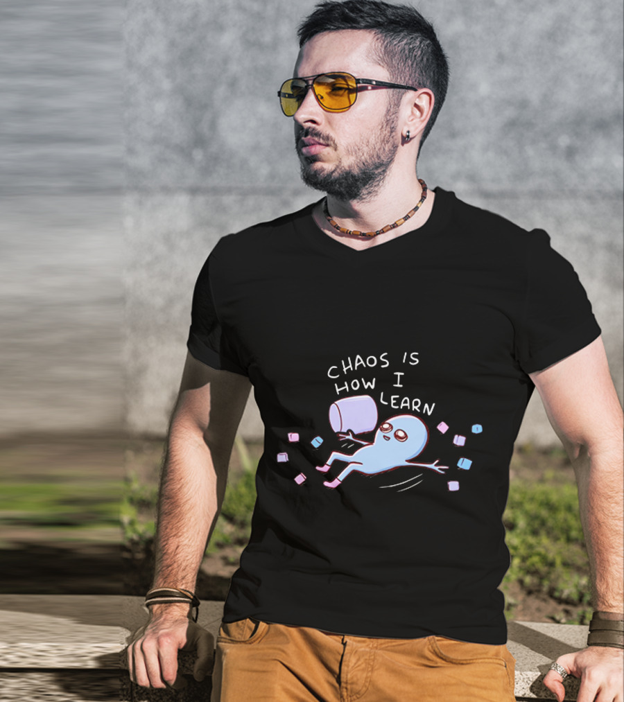 Chaos Is How I Learn Playful Blue Character Relaxing With Marshmallows T-Shirt