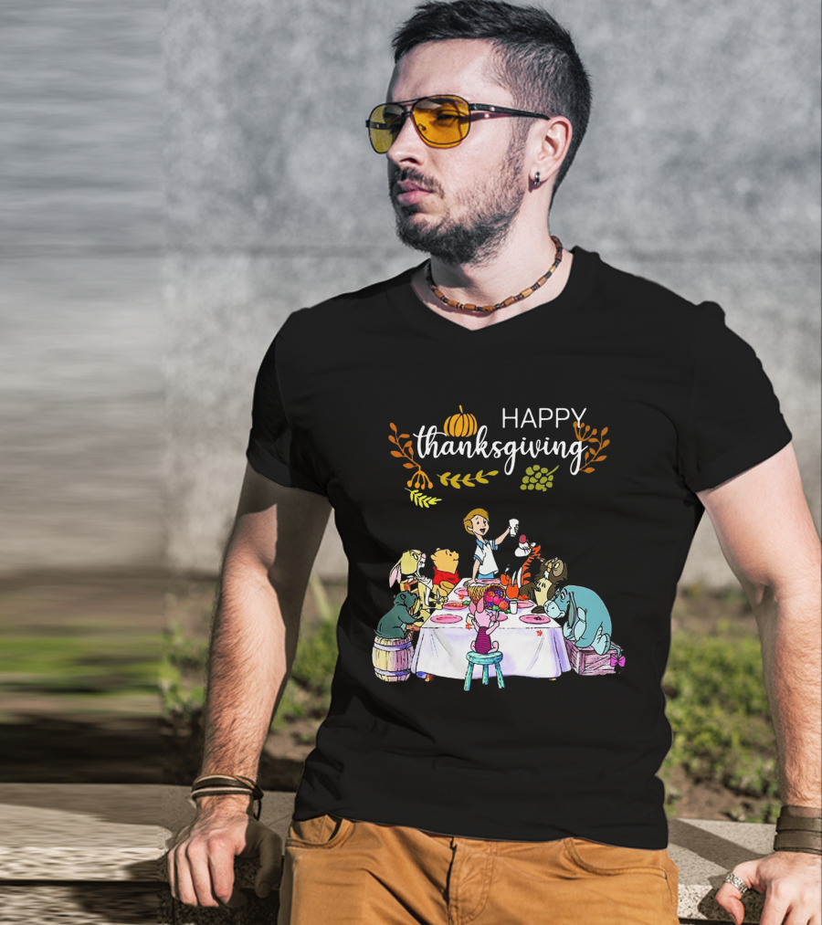 Winnie The Pooh Happy Thanksgiving Celebration With Friends At Dining Table T-Shirt