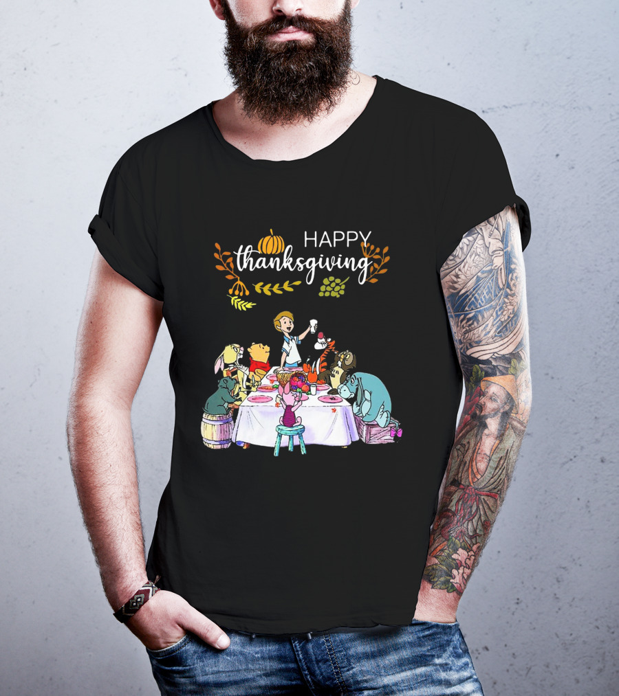 Winnie The Pooh Happy Thanksgiving Celebration With Friends At Dining Table T-Shirt
