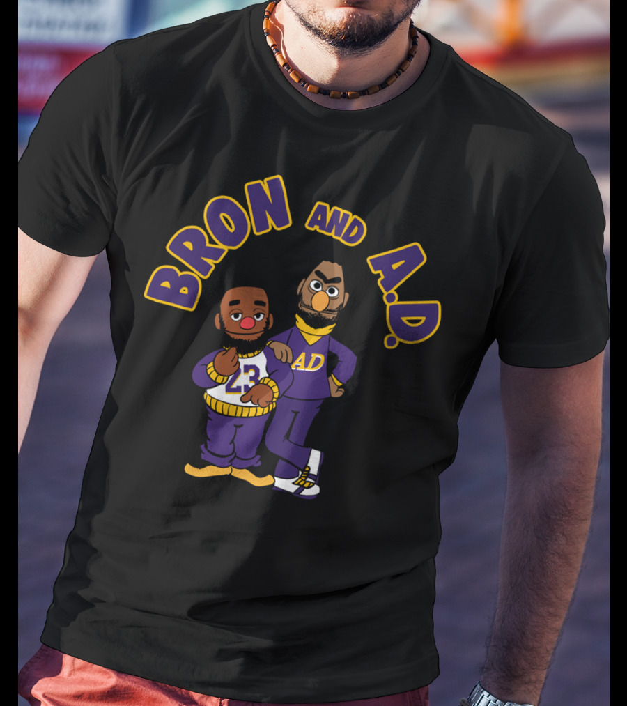 Bron And A.D. Cartoon Characters In Purple And Gold Outfits T-Shirt