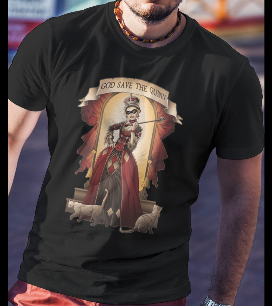 God Save The Quinn Victorian Jester Queen With Cats And Masked Scepter T-Shirt