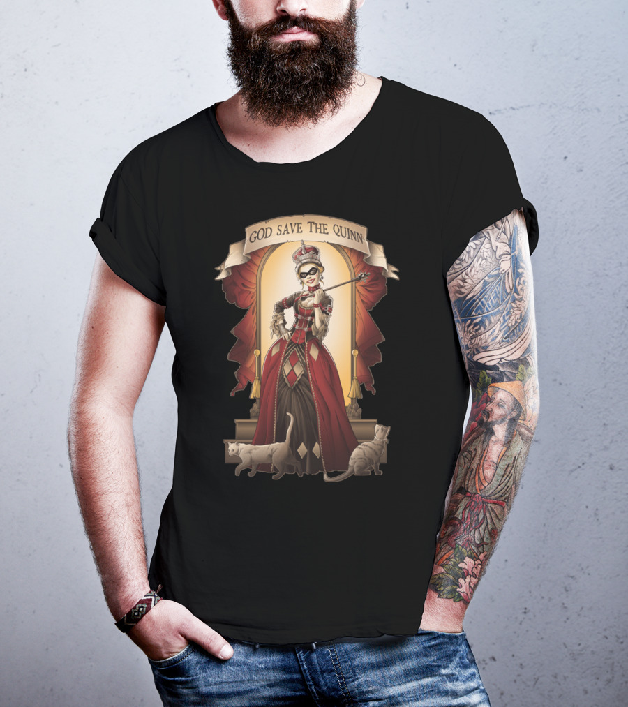 God Save The Quinn Victorian Jester Queen With Cats And Masked Scepter T-Shirt