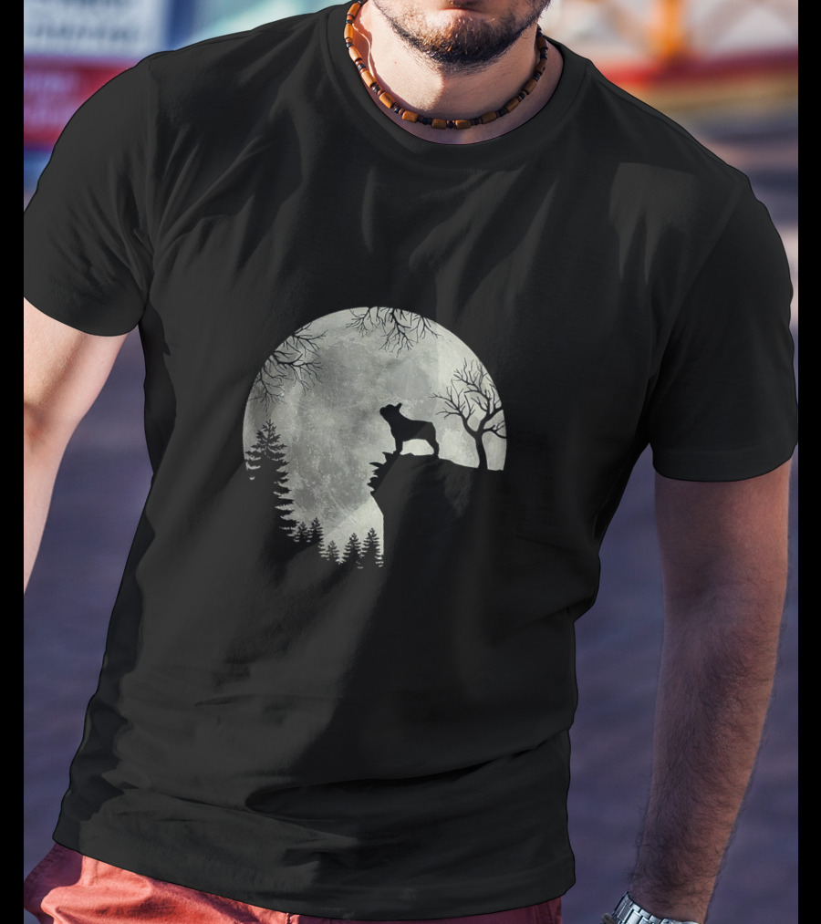 French Bulldog Silhouette Howling At Moon Halloween Scene T-Shirt