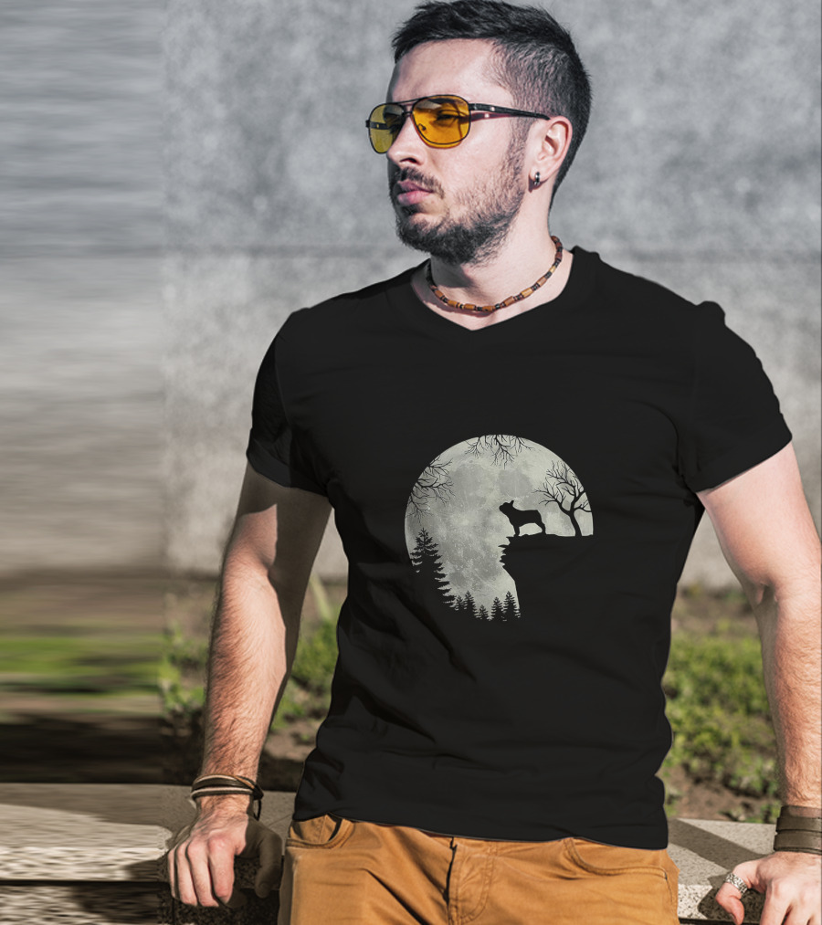 French Bulldog Silhouette Howling At Moon Halloween Scene T-Shirt