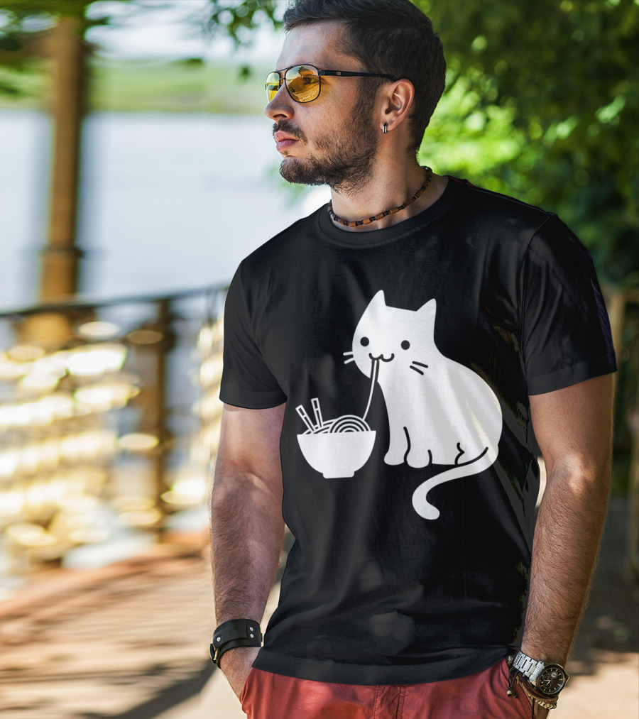 Chat Mignon Manger Ramen Essentiel Blanc Noir T-Shirt