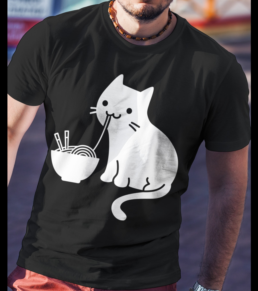 Chat Mignon Manger Ramen Essentiel Blanc Noir T-Shirt