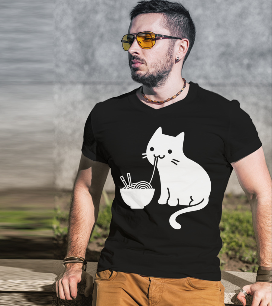 Chat Mignon Manger Ramen Essentiel Blanc Noir T-Shirt