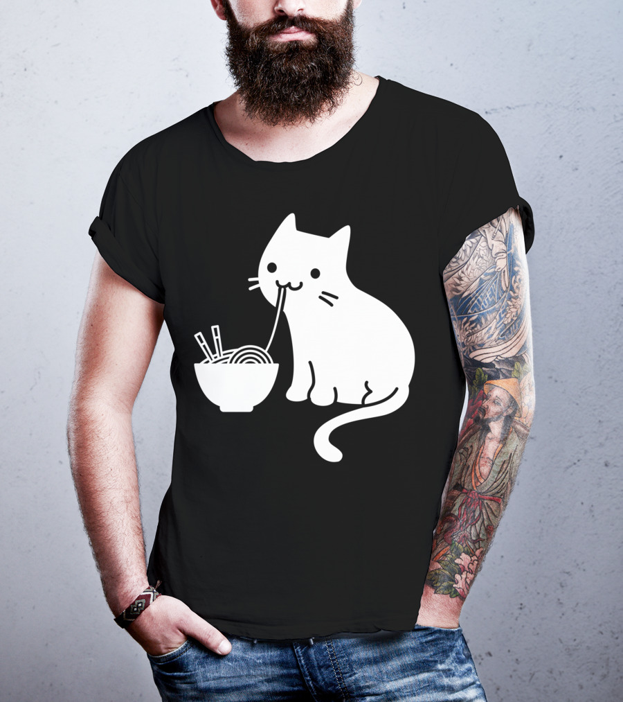 Chat Mignon Manger Ramen Essentiel Blanc Noir T-Shirt