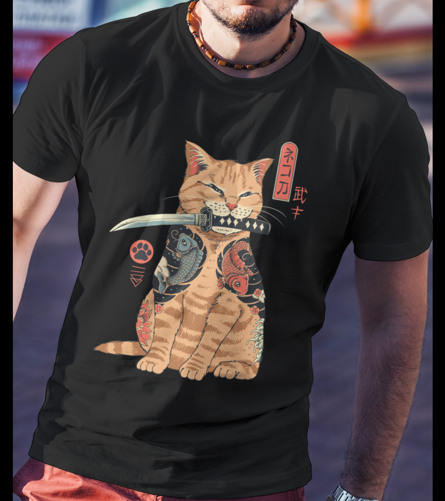 Catana Classique Samurai Cat Kanji Tattoo Koi Fish Katana T-Shirt