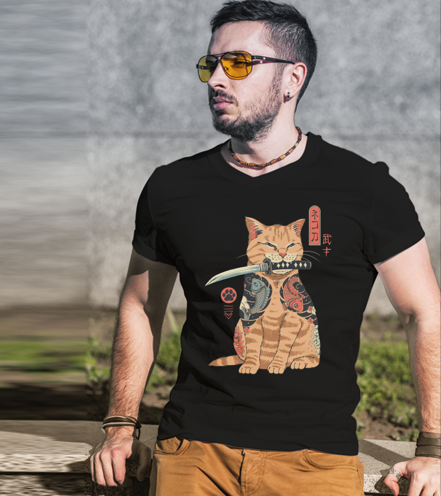 Catana Classique Samurai Cat Kanji Tattoo Koi Fish Katana T-Shirt