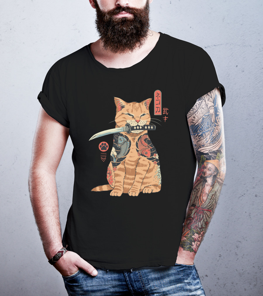 Catana Classique Samurai Cat Kanji Tattoo Koi Fish Katana T-Shirt
