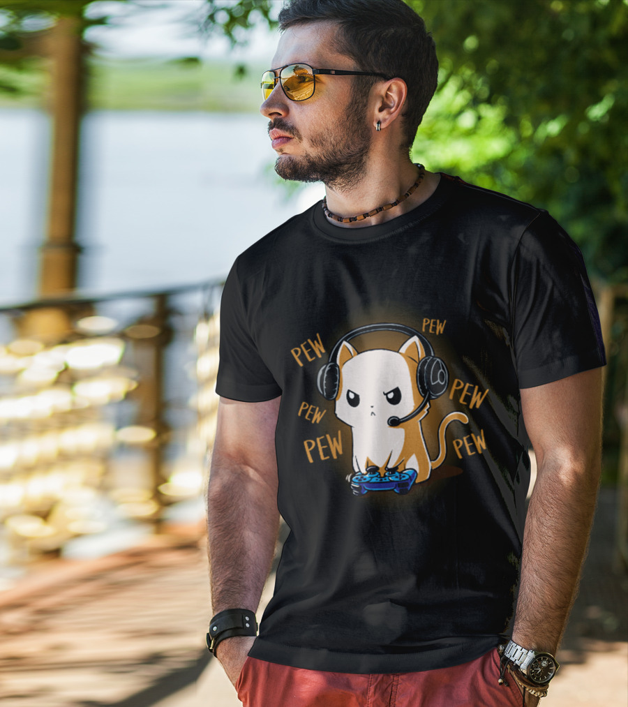 Pew Pew Kitty Cat Gamer Kliban Cats Headset Controller T-Shirt