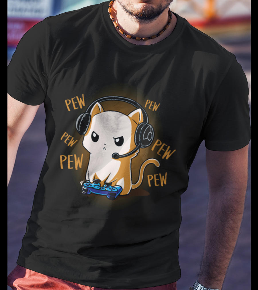 Pew Pew Kitty Cat Gamer Kliban Cats Headset Controller T-Shirt