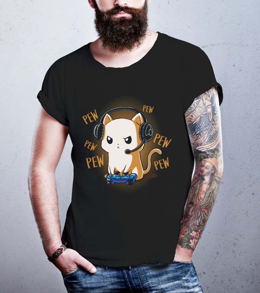 Pew Pew Kitty Cat Gamer Kliban Cats Headset Controller T-Shirt