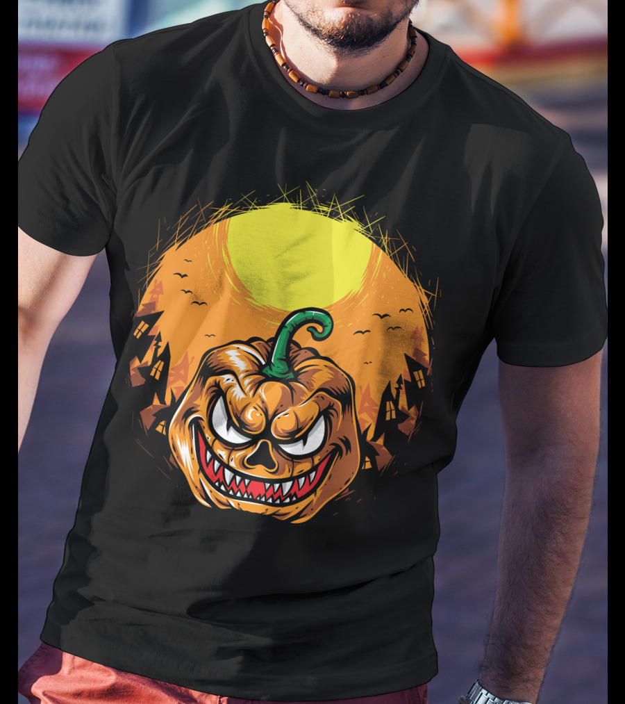 Spooky Grinning Pumpkin With Haunted Houses And Bats Under Full Moon Halloween T-Shirt