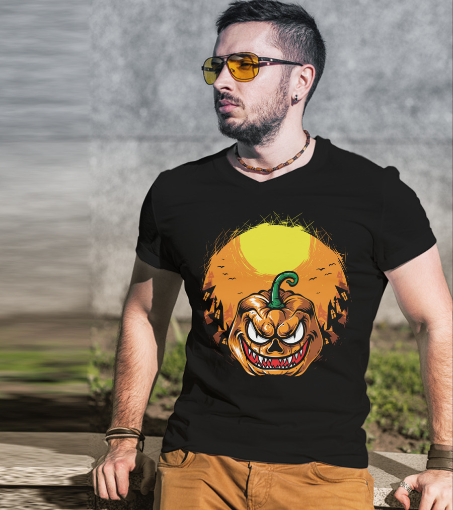 Spooky Grinning Pumpkin With Haunted Houses And Bats Under Full Moon Halloween T-Shirt
