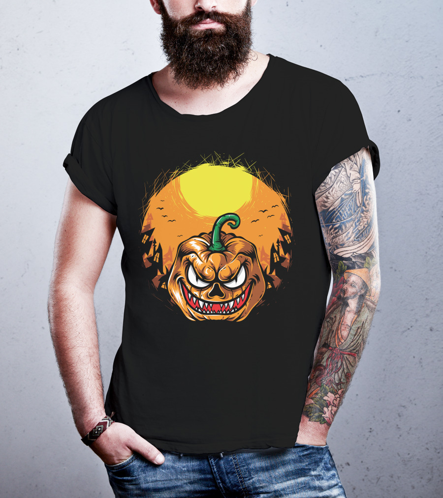 Spooky Grinning Pumpkin With Haunted Houses And Bats Under Full Moon Halloween T-Shirt