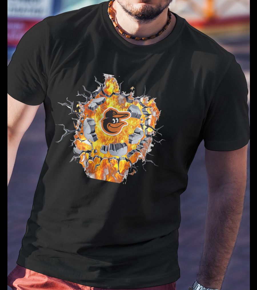 Baltimore Orioles Logo With Fiery Cracked Wall T-Shirt