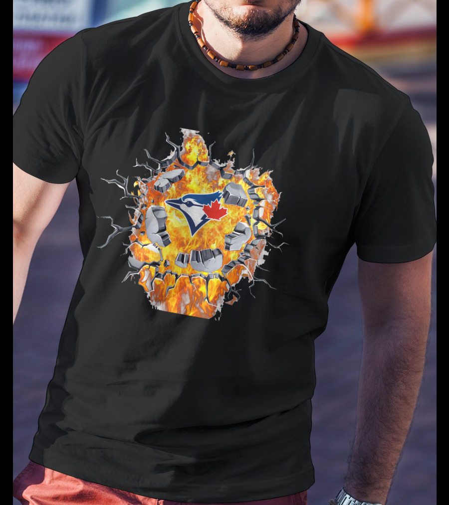 Toronto Blue Jays Logo Shattering Through Flames And Cracking Wall T-Shirt
