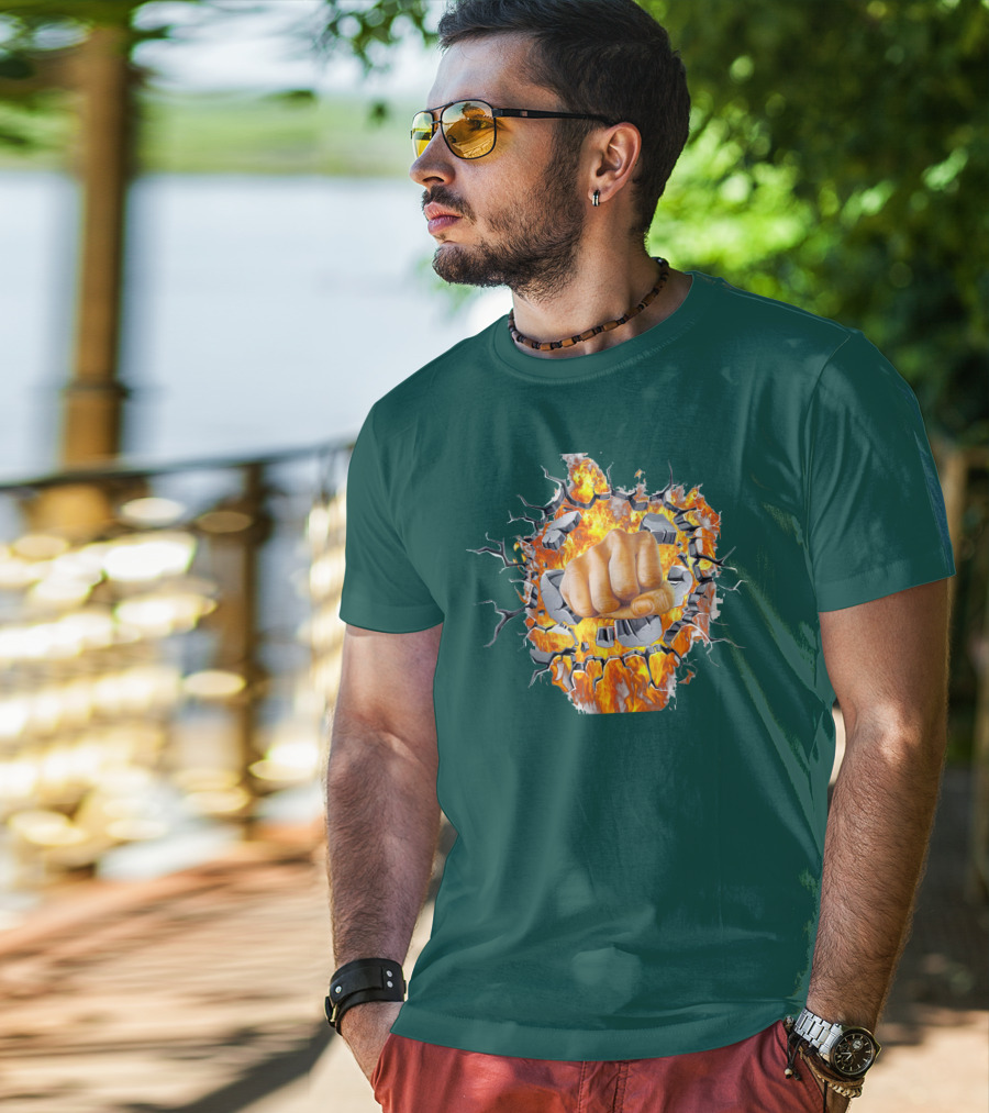 Steel Hands Fist Breaking Through Fiery Wall T-Shirt