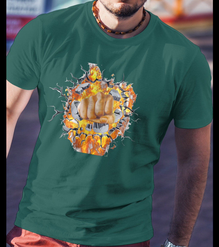 Steel Hands Fist Breaking Through Fiery Wall T-Shirt