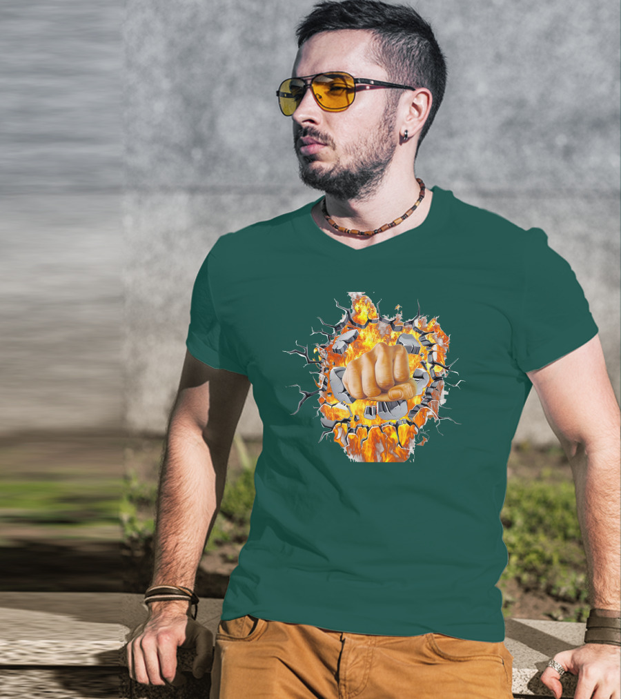 Steel Hands Fist Breaking Through Fiery Wall T-Shirt