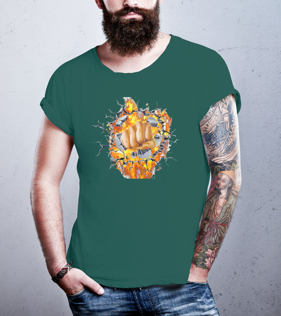 Steel Hands Fist Breaking Through Fiery Wall T-Shirt