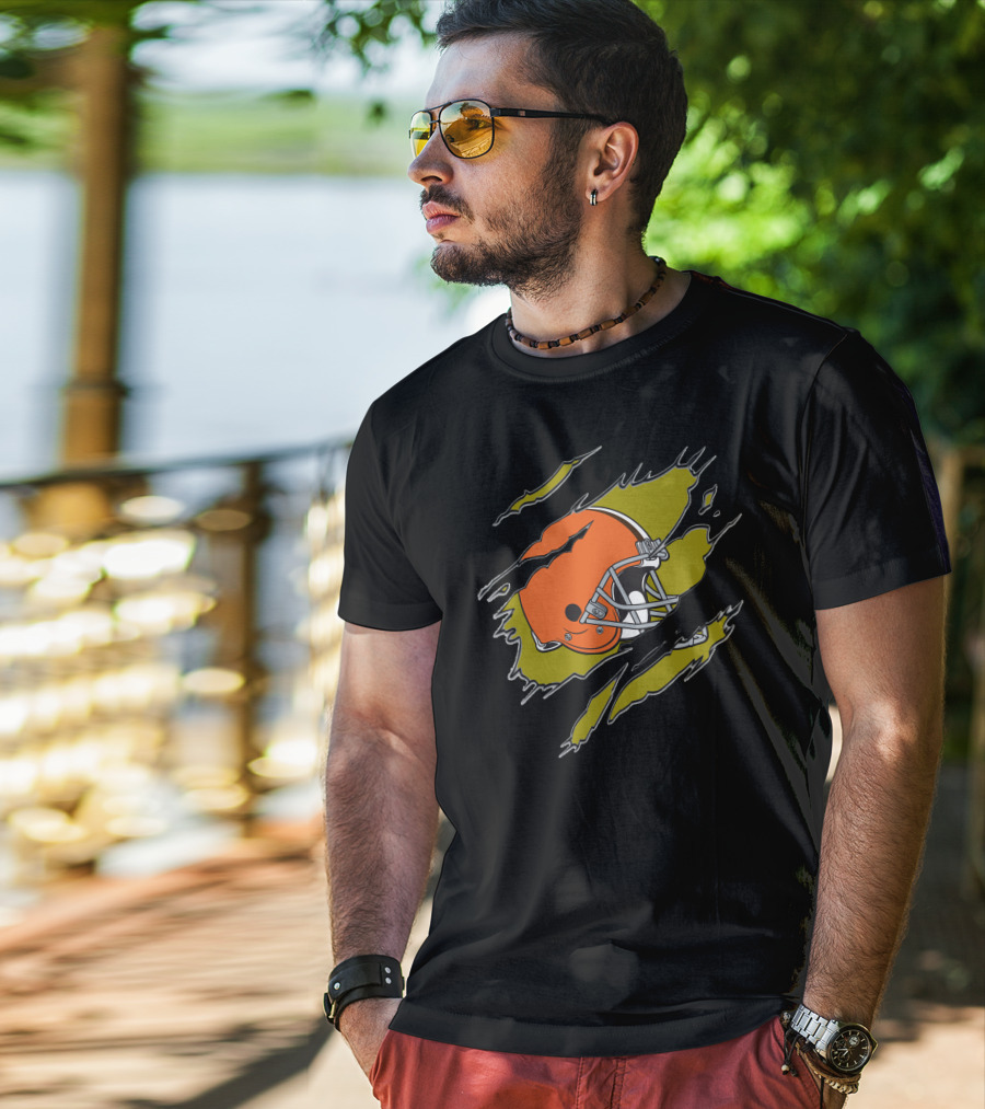 Cleveland Browns Football Helmet Ripped T-Shirt
