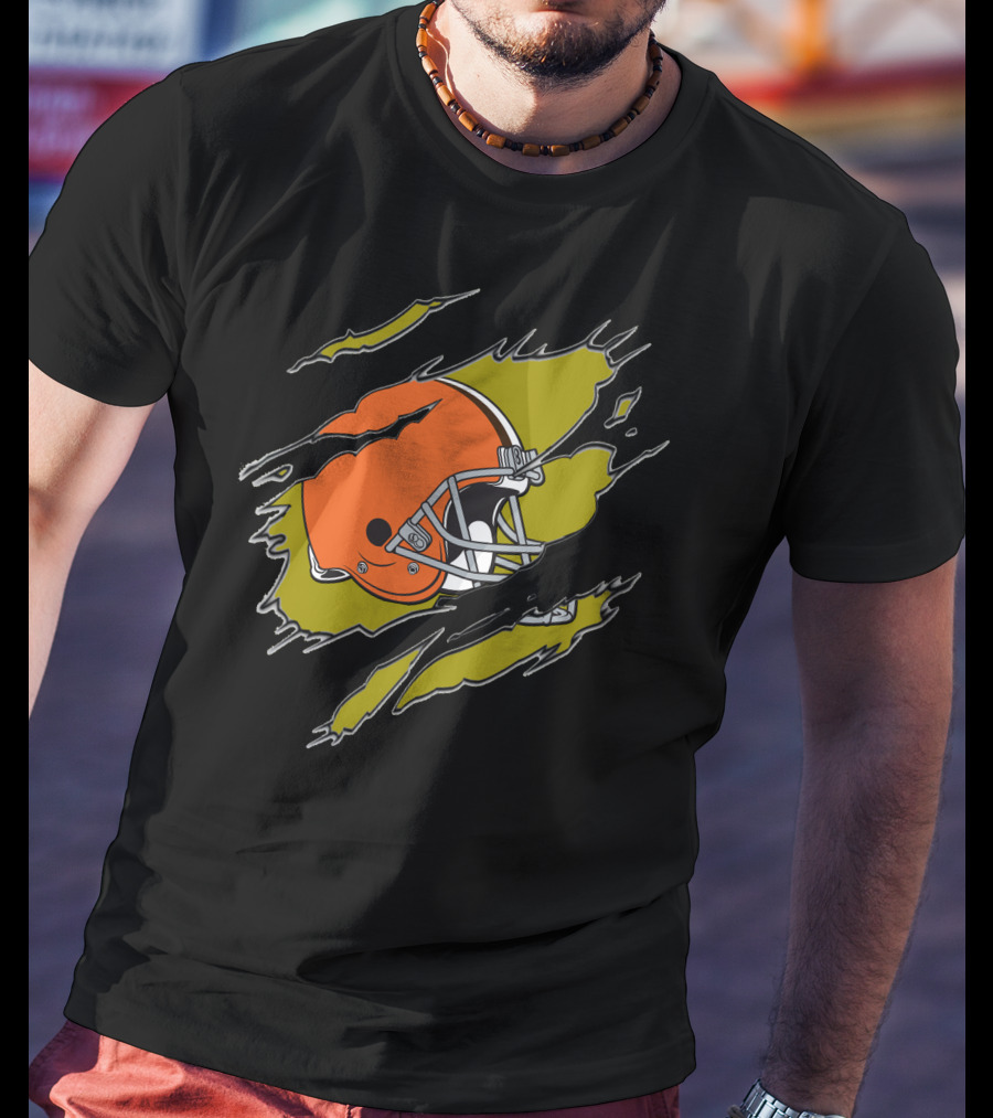 Cleveland Browns Football Helmet Ripped T-Shirt
