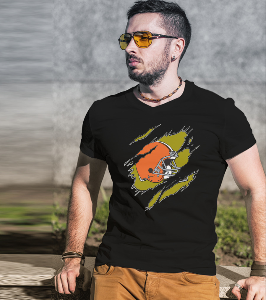 Cleveland Browns Football Helmet Ripped T-Shirt