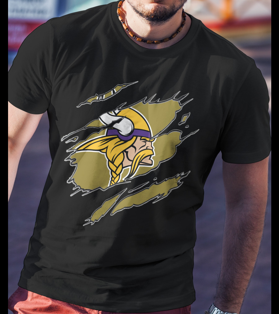 Minnesota Vikings Helmet And Warrior Tear Effect T-Shirt