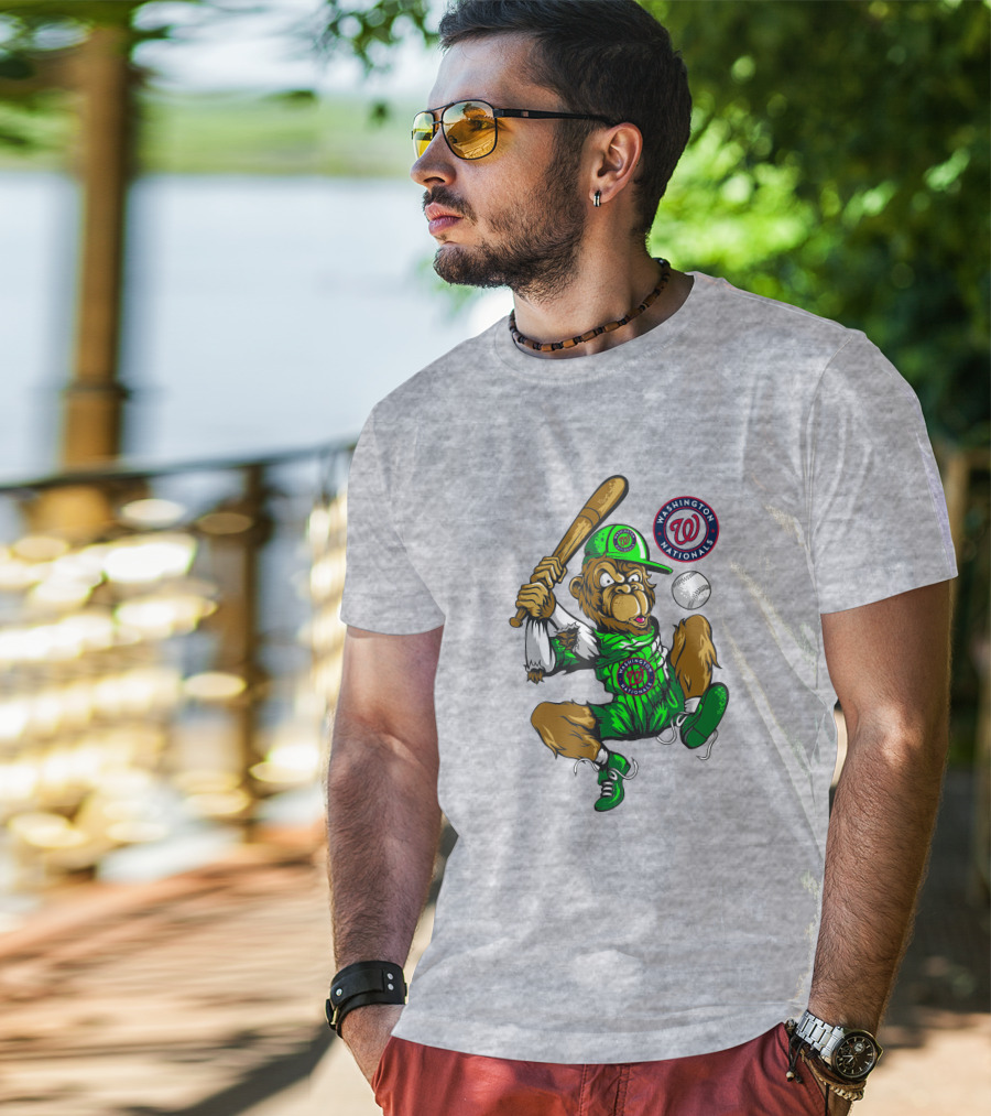 Washington Nationals Home Run Baseball Logo Monkey In Green Uniform T-Shirt