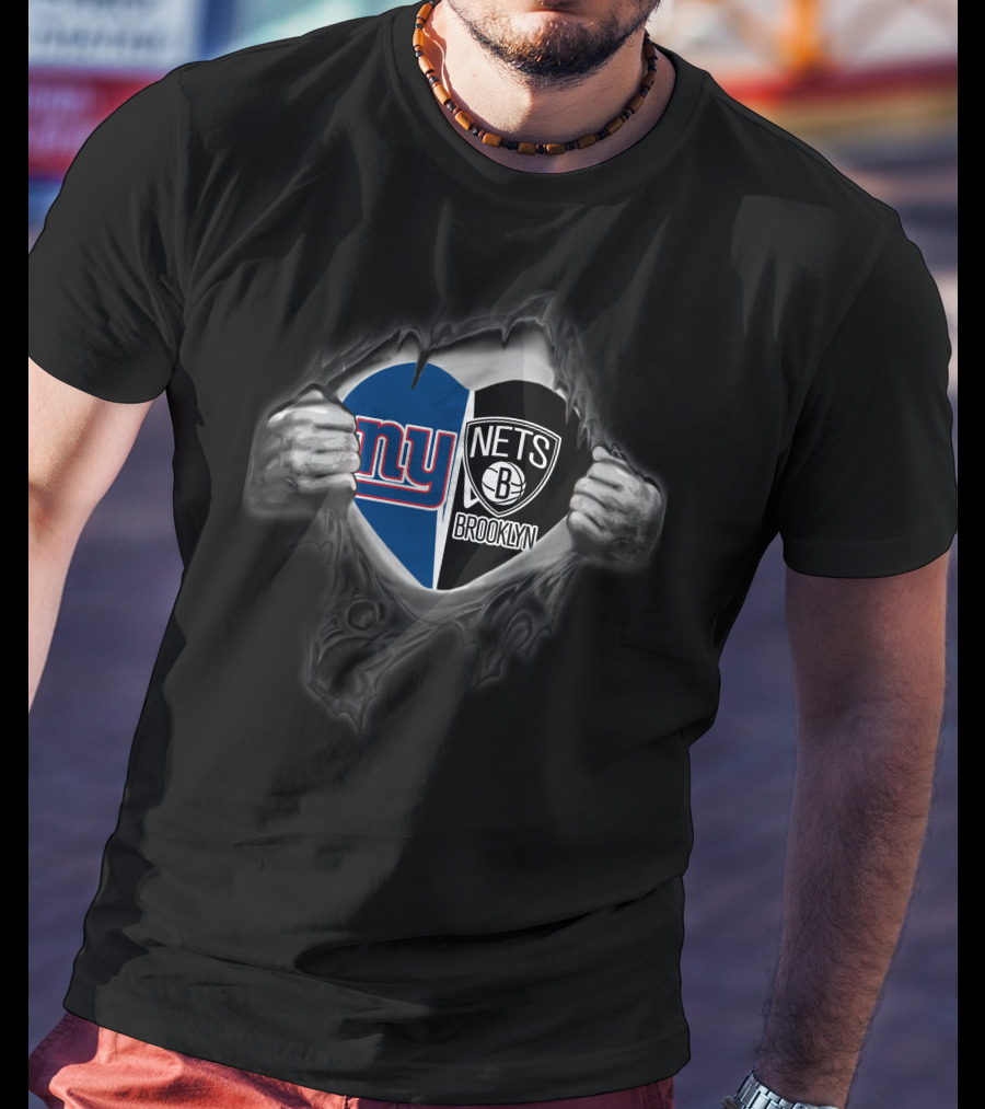 New York Giants Brooklyn Nets Heart Symbol Logo Fusion T-Shirt