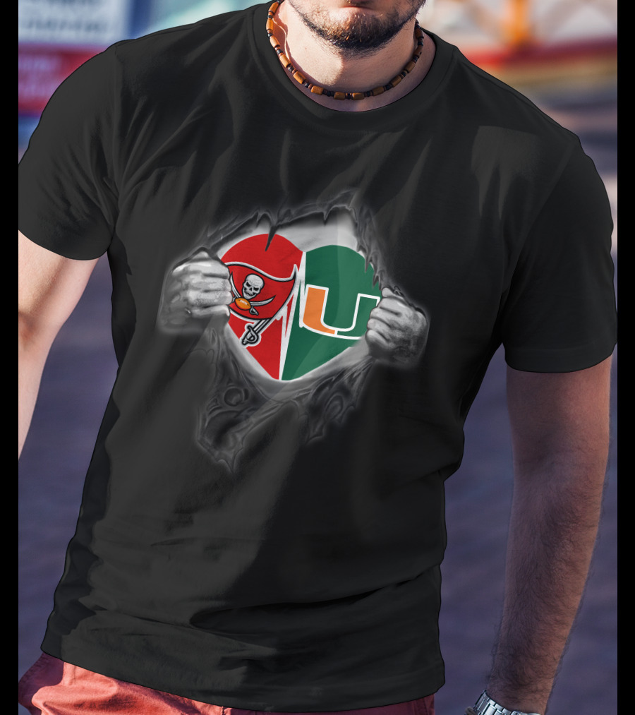 Tampa Bay Buccaneers Miami Hurricanes Heart Torn T-Shirt