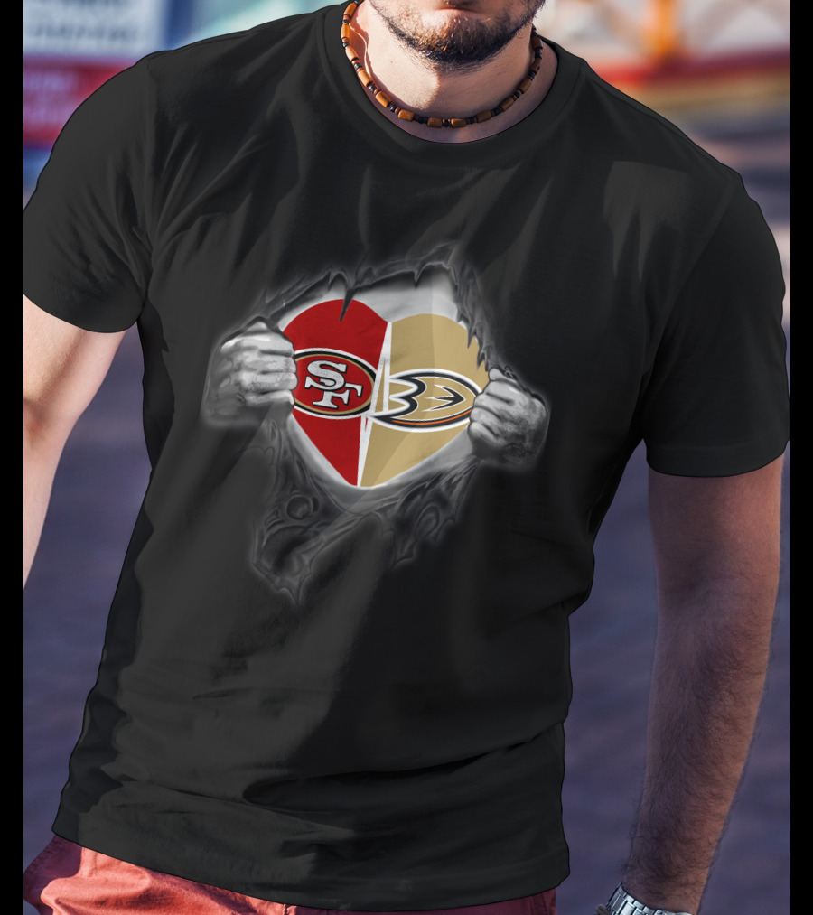 Sf 49ers Anaheim Ducks Heart With Ripped Hands T-Shirt