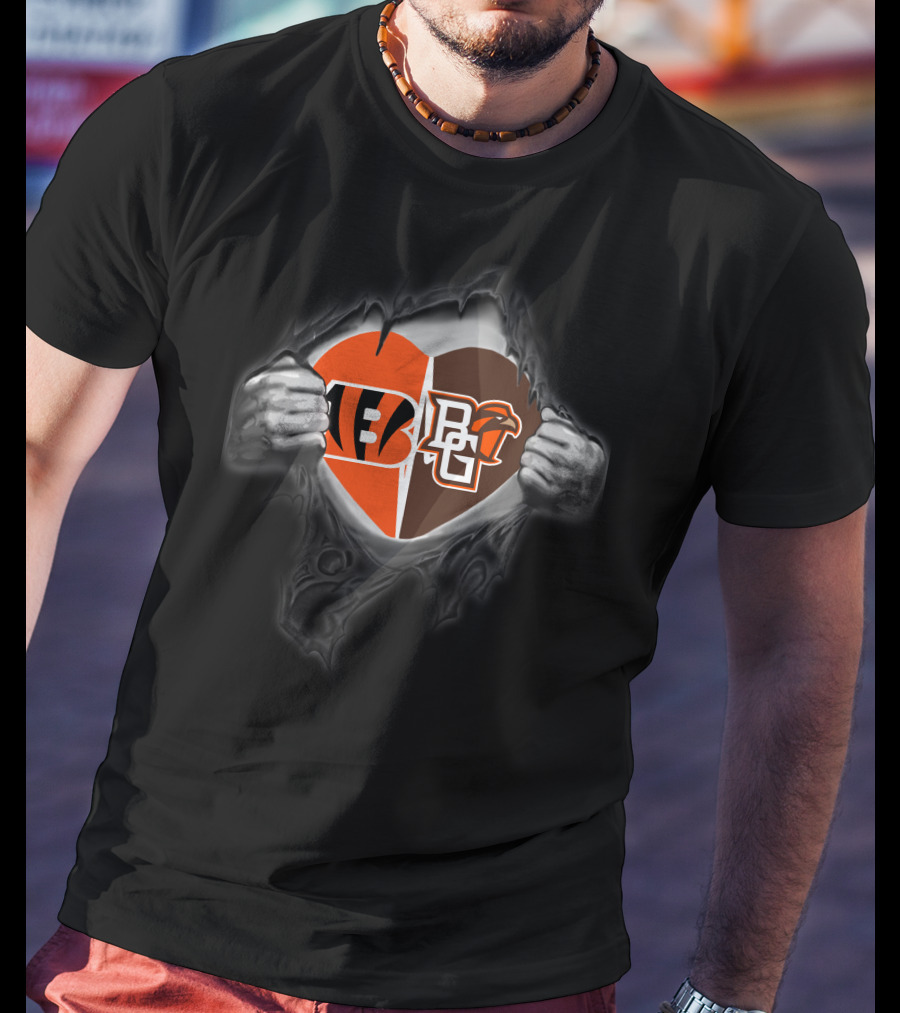 Bengals Bowling Green Falcons Heart Split Logos United T-Shirt