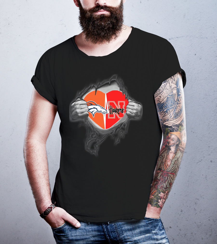 Broncos Huskers Logo Heart Rip T-Shirt