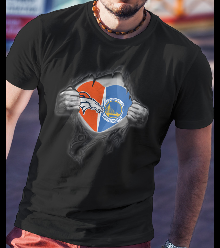 Broncos Warriors Heart With Denver Broncos And Golden State Warriors T-Shirt