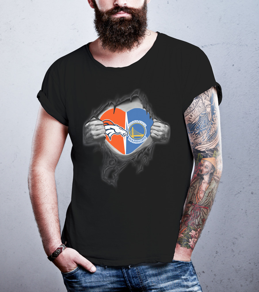 Broncos Warriors Heart With Denver Broncos And Golden State Warriors T-Shirt
