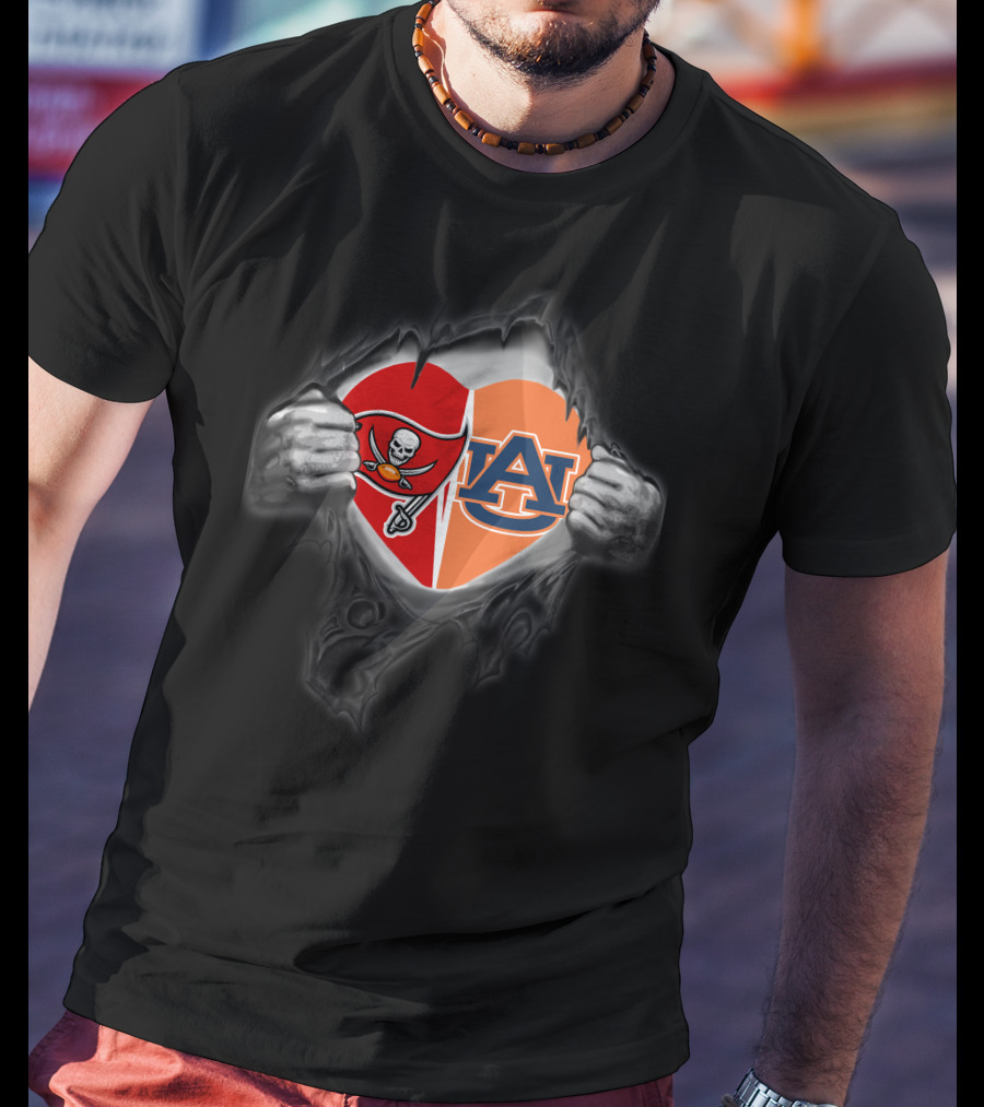 Tampa Bay Buccaneers Auburn Tigers Heart Emblem Peeling Back Layers T-Shirt