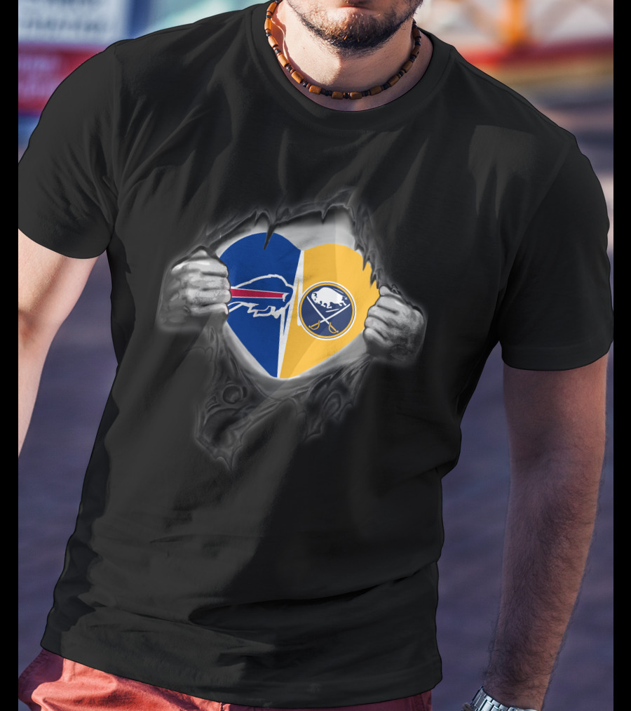 Buffalo Bills Sabres Dual Heart Symbol With Team Logos T-Shirt