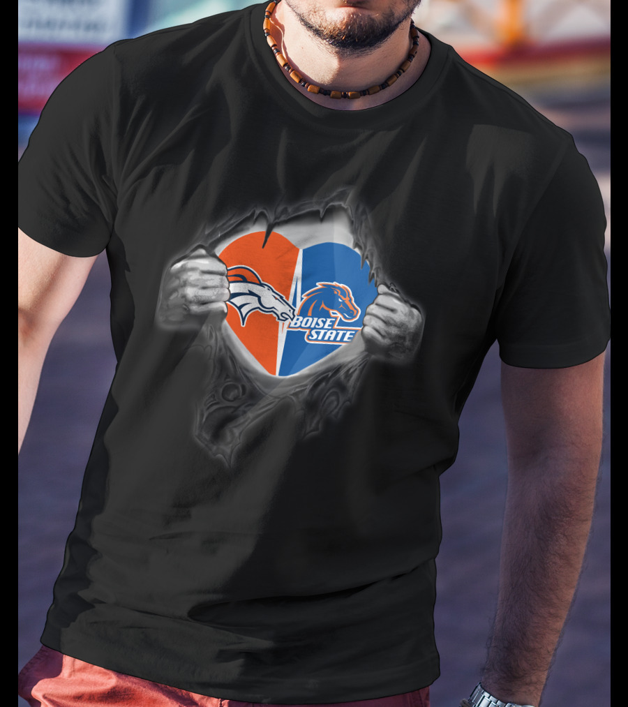 Denver Broncos Boise State Heart Split Logos Torn Chest T-Shirt
