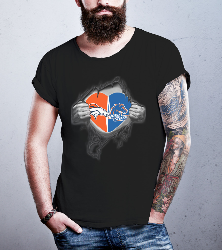 Denver Broncos Boise State Heart Split Logos Torn Chest T-Shirt
