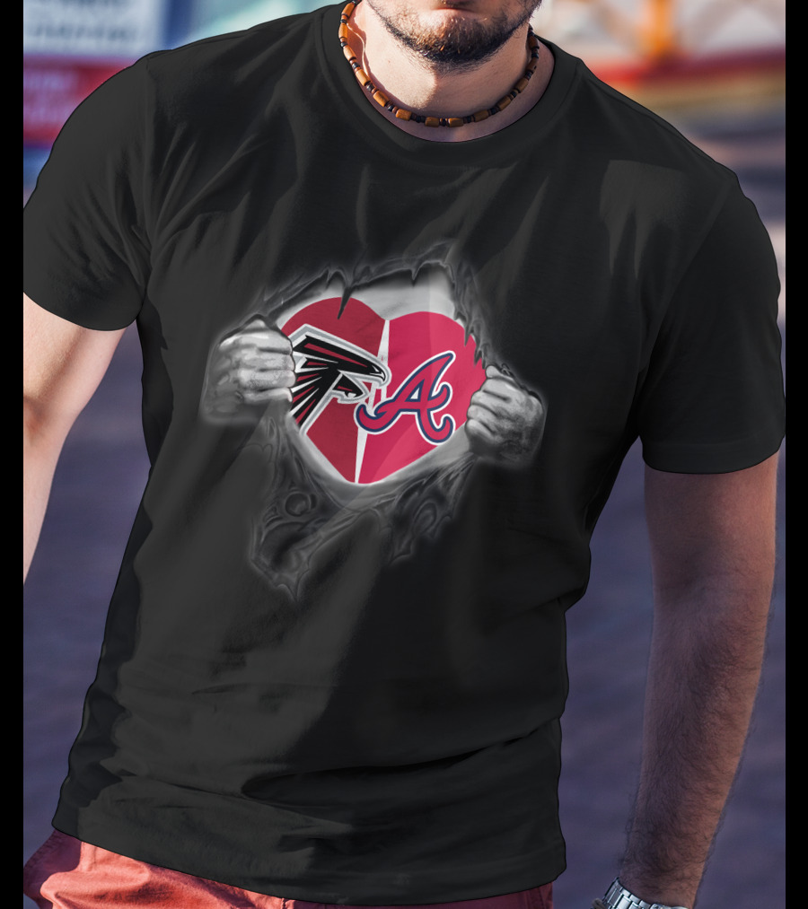 Falcons Braves Heart With Logos Inside Ripped Chest T-Shirt
