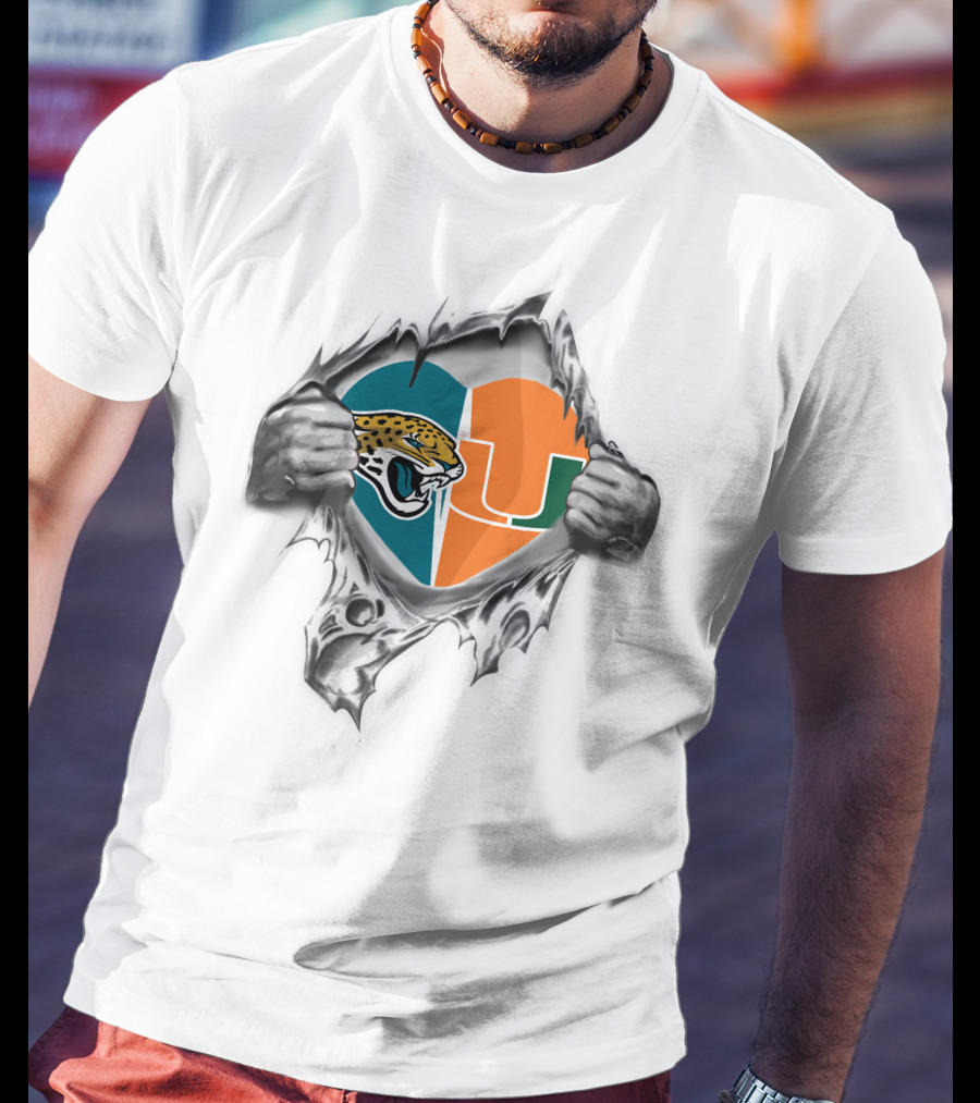 Jaguars Miami Hurricanes Heart Symbol Ripping T-Shirt